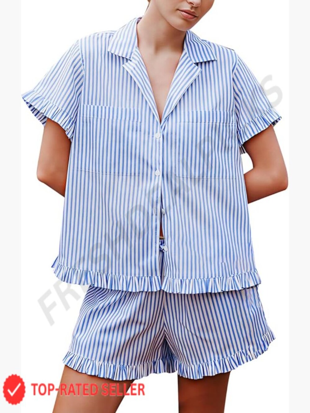 Striped Pajama Set 2 Piece Cotton Short Sleeve Button Down & Shorts Sleepwear